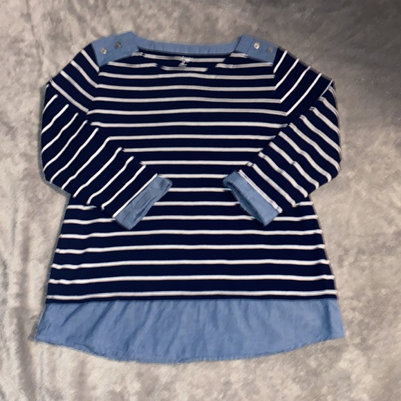 Kim Rogers Nautical Navy Striped Over Denim Layered-Look 3/4 Sleeve Anchor Top - Picture 2 of 16